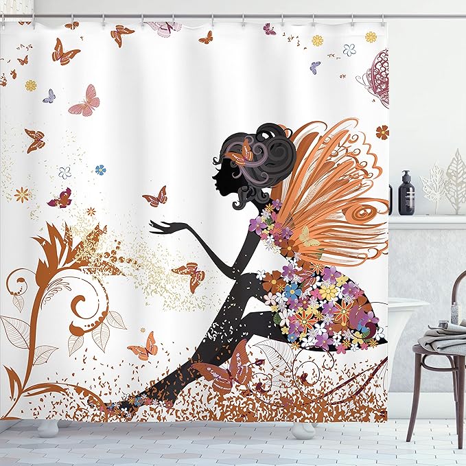 Ambesonne Fantasy Shower Curtain, Spring Girl Wings in a Floral Dress Surreal Garden Butterflies Print, Cloth Fabric Bathroom Decor Set with Hooks, 69" W x 75" L, Pale Cinnamon