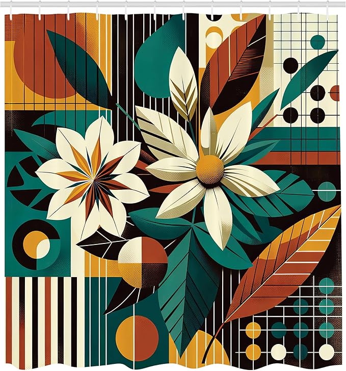 Ambesonne Mid Century Modern Shower Curtain, Retro Flowers Paint with Vertical and Horizontal Lines, Cloth Fabric Bathroom Decor Set with Hooks, 69" W x 84" L, Amber Jade Green Eggshell