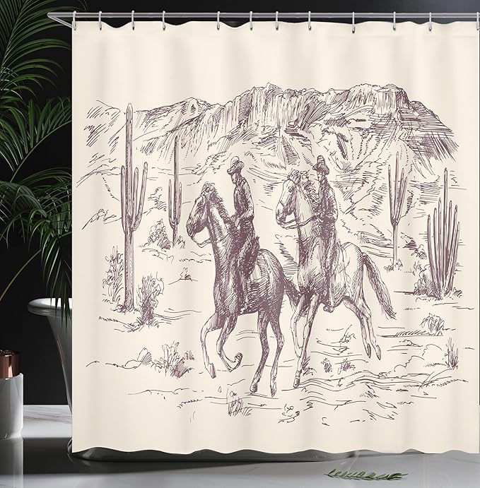 Ambesonne Western Shower Curtain, Country Theme Hand Drawn Illustration of American Wild West Desert with Cowboys, Cloth Fabric Bathroom Decor Set with Hooks, 69" W x 70" L, Plum and Cream