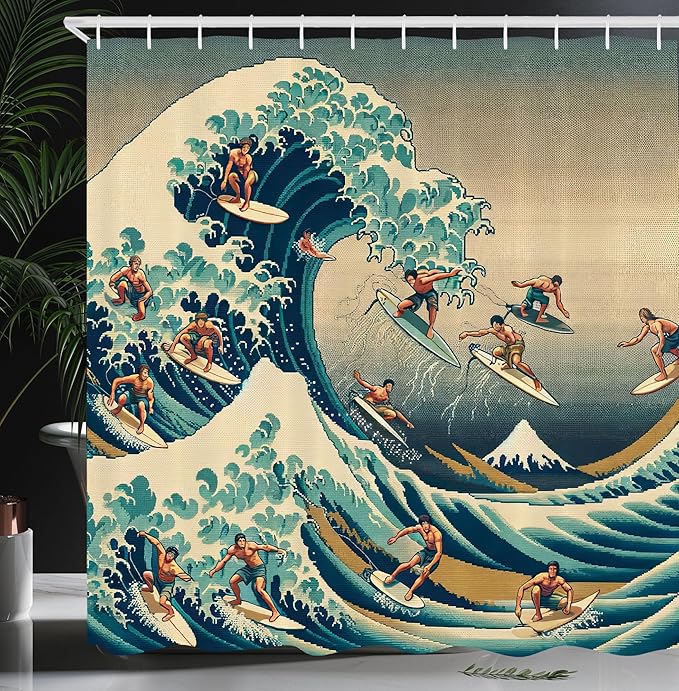 Ambesonne Japanese Wave Shower Curtain, Surfers on Classic Asian Artwork Style with Recreation of Ukiyo-e, Cloth Fabric Bathroom Decor Set with Hooks, 69" W x 70" L, Seafoam Blue Eggshell