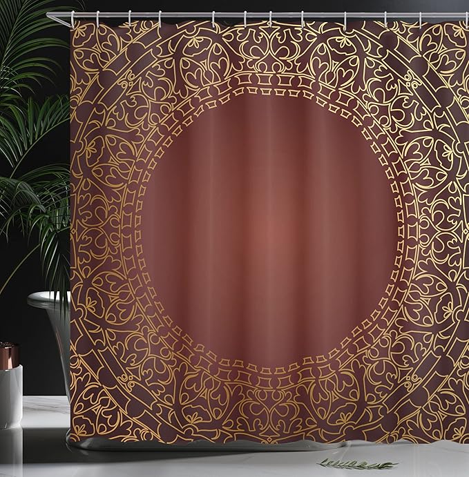Ambesonne Maroon Shower Curtain, Vintage Frame with Eastern Motifs Traditional Retro Classic Art, Cloth Fabric Bathroom Decor Set with Hooks, 69" W x 70" L, Earth Yellow