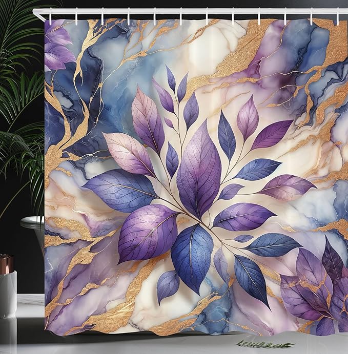 Ambesonne Purple Shower Curtain, Modern Marble Print Illustration Featuring Indigo Tone Leaves Dream, Cloth Fabric Bathroom Decor Set with Hooks, 69" W x 75" L, Lavender Pale Coffee Blue