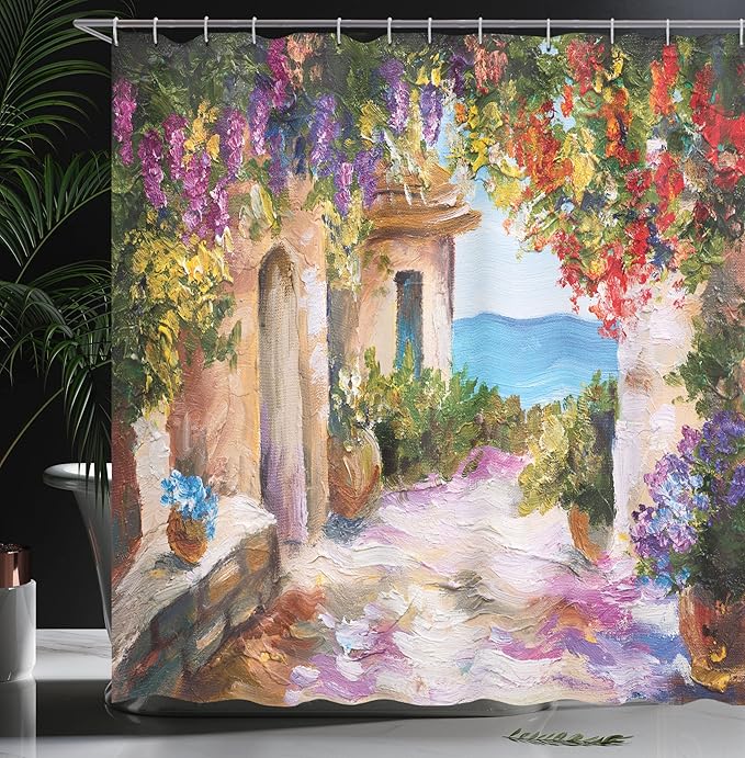 Ambesonne Landscape Shower Curtain, Old Village with Colorful Plants and Flower Gate Greek Houses Artwork, Cloth Fabric Bathroom Decor Set with Hooks, 69" W x 75" L, Purple Beige