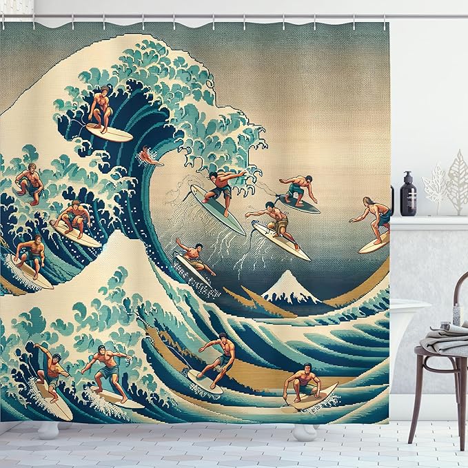 Ambesonne Japanese Wave Shower Curtain, Surfers on Classic Asian Artwork Style with Recreation of Ukiyo-e, Cloth Fabric Bathroom Decor Set with Hooks, 69" W x 70" L, Seafoam Blue Eggshell
