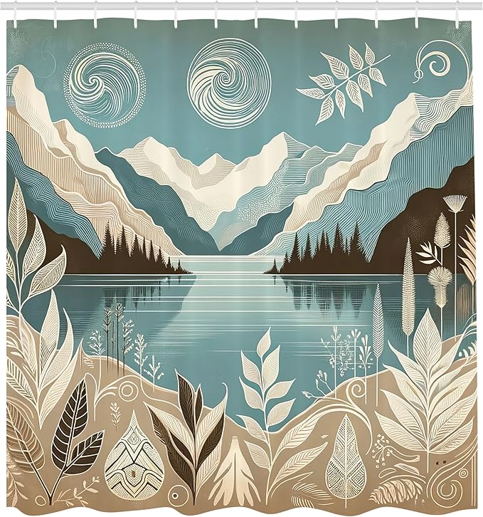 Ambesonne Lake Shower Curtain, Mountains Calm Nature Scenery Botanical Neutral Ornaments Illustration, Cloth Fabric Bathroom Decor Set with Hooks, 69" W x 84" L, Pale Teal Tan and Brown