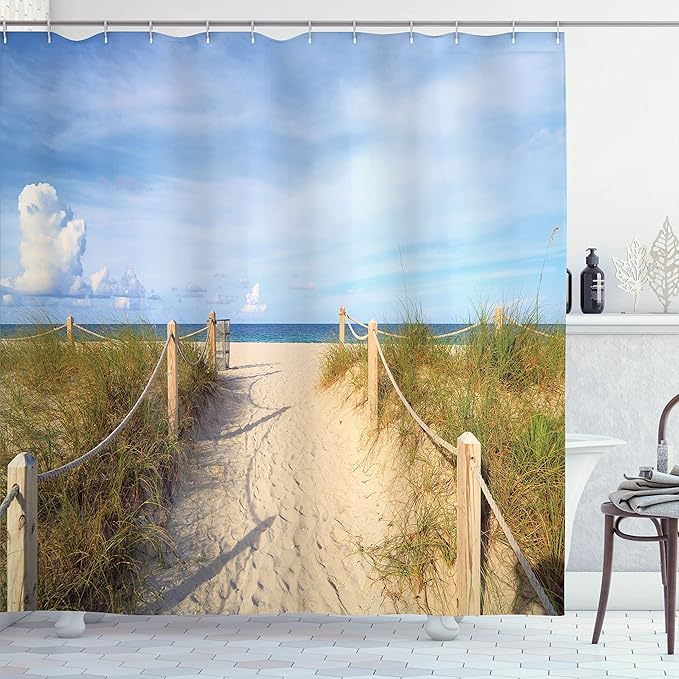 Ambesonne Beach Shower Curtain, Sandy Sh?re Entry of Fences in The South Miami Relaxing American Style Holiday Coastal Landscape, Cloth Fabric Bathroom Decor Set with Hooks, 69" W x 84" L, Cream Blue