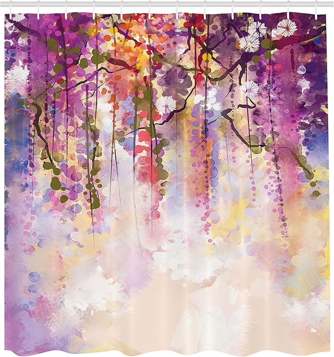 Ambesonne Watercolor Flower Decor Collection, Spring Flowers Wisteria Bokeh Background Painting, Polyester Fabric Bathroom Shower Curtain Set with Hooks, 69" W x 75" L, Peach Purple