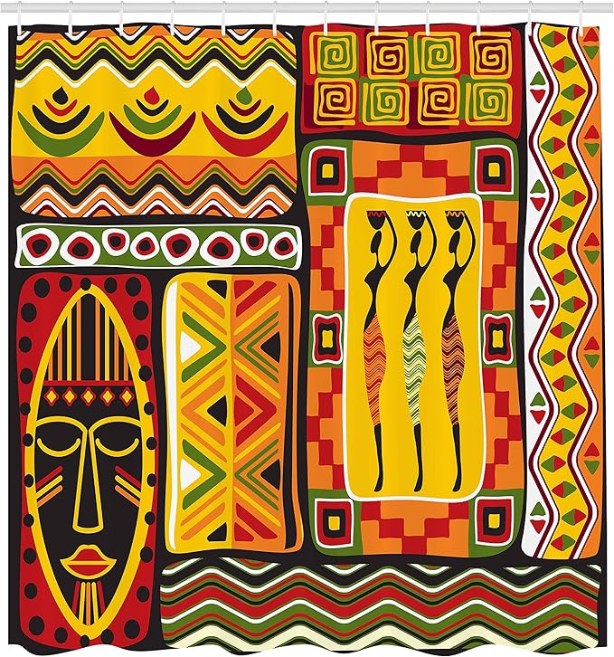 Ambesonne African Shower Curtain, Elements Historical Original Striped and Rectangle Shapes Design, Cloth Fabric Bathroom Decor Set with Hooks, 69" W x 75" L, Scarlet Yellow