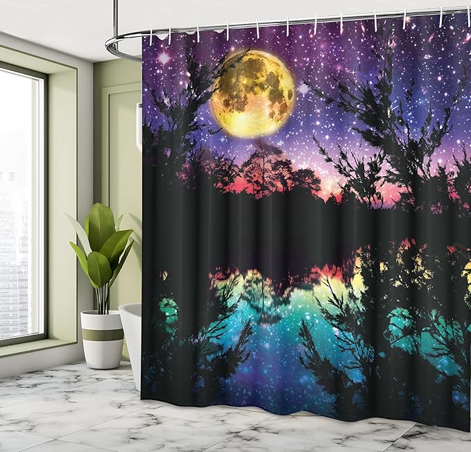 Ambesonne Shower Curtain 36,69" x 84", Polyester Lake Moonlight Landscape, Purple