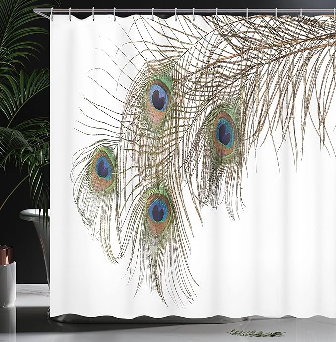 Ambesonne Peacock Shower Curtain, Feather of Peacock Power Rising Out of Theshes Creature, Cloth Fabric Bathroom Decor Set with Hooks, 69" W x 70" L, Green Ivory