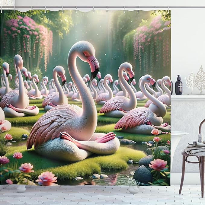 Ambesonne Flamingo Shower Curtain, Serene Birds Surreal and Peaceful Nature Scenery Forest and Lake, Cloth Fabric Bathroom Decor Set with Hooks, 69" W x 70" L, Soft Pink and Lime Green