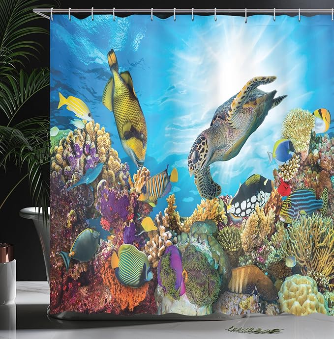 Ambesonne Ocean Shower Curtain, Colorful Fishes Hawksbill Floats Under Water Coral Reefs Aquatic Environment Theme, Cloth Fabric Bathroom Decor Set with Hooks, 69" W x 70" L, Sea Blue