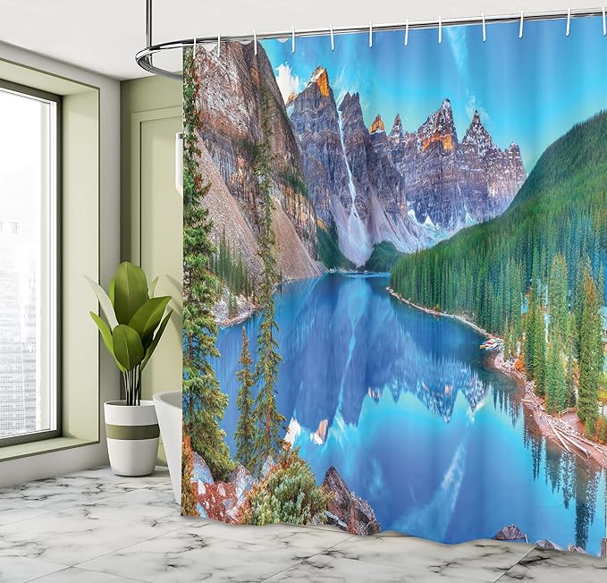 Ambesonne Landscape Shower Curtain, Moraine Lake Sunrise in Banff National Park Clear Sky Reflection Colorful Picture, Cloth Fabric Bathroom Decor Set with Hooks, 69" W x 84" L, Green Blue