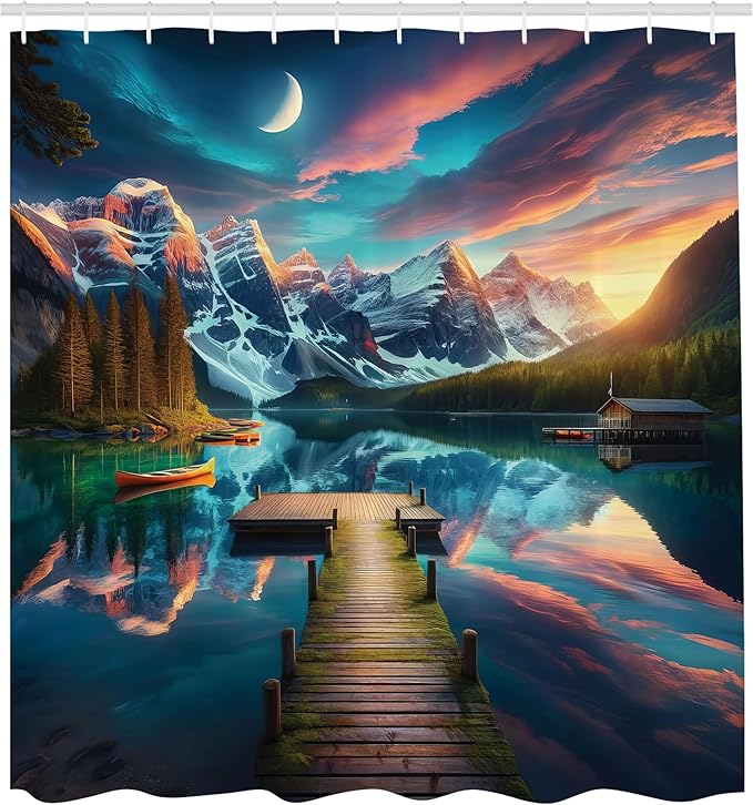 Ambesonne Lake Shower Curtain, Weathered Mossy Wooden Pier Dramatic Cloudy Sky Crescent Moon Night Scenery, Cloth Fabric Bathroom Decor Set with Hooks, 69" W x 70" L, Coral Dark Turquoise