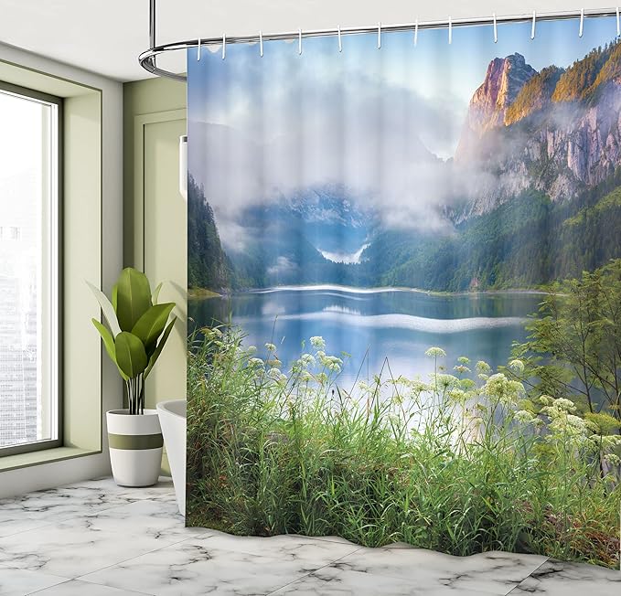 Ambesonne Nature Shower Curtain, Alps Mountain Foggy Lake in Floral Meadow Adventure Pastoral Climbing Picture, Cloth Fabric Bathroom Decor Set with Hooks, 69" W x 75" L, Forest Green
