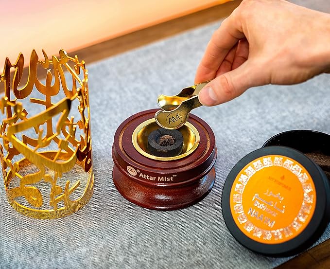 AM Bakhoor Calligraphy Incense Burner - Metalic Resin Cone Holder | Wooden Base | Frankincense Charcoal Burner (Mabkhara) | Spiritual Gifts for Office & Home Decor (Gold)