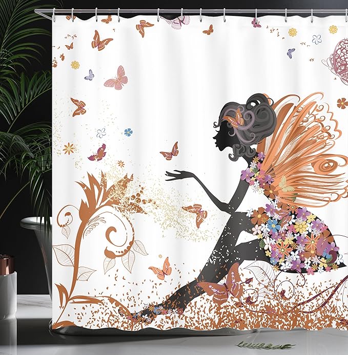 Ambesonne Fantasy Shower Curtain, Spring Girl Wings in a Floral Dress Surreal Garden Butterflies Print, Cloth Fabric Bathroom Decor Set with Hooks, 69" W x 75" L, Pale Cinnamon