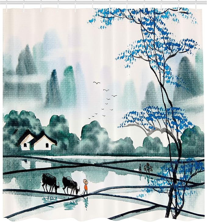 Ambesonne Nature Shower Curtain, Chinese Village with on Field with Bulls Pastoral Watercolor Art, Cloth Fabric Bathroom Decor Set with Hooks, 69" W x 70" L, Teal Violet Blue Black