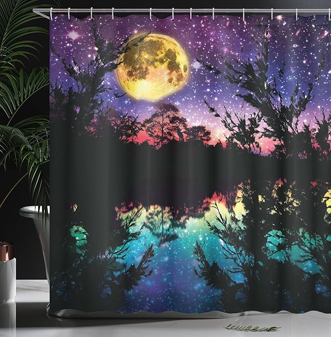 Ambesonne Shower Curtain 36,69" x 84", Polyester Lake Moonlight Landscape, Purple