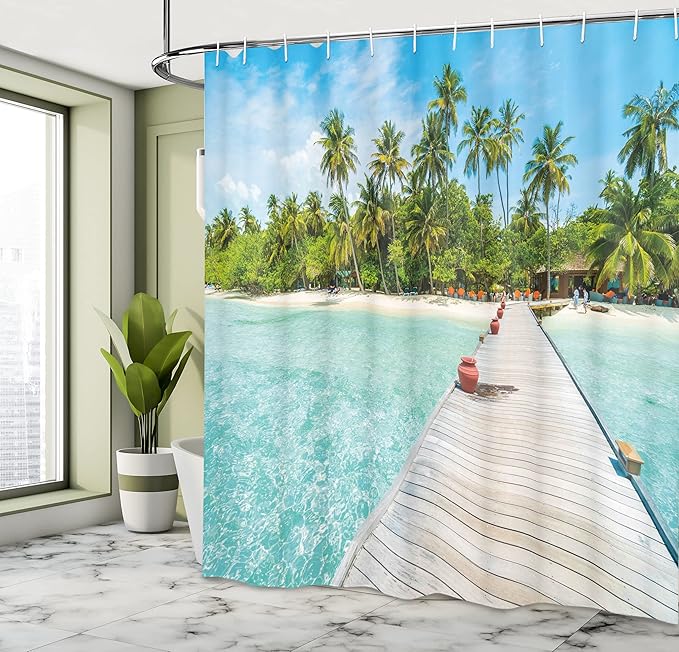 Ambesonne Tropical Shower Curtain, Maldives Island with Beach Wooden Deck Palms Exotic Holiday Picture, Cloth Fabric Bathroom Decor Set with Hooks, 69" W x 70" L, Fern Green