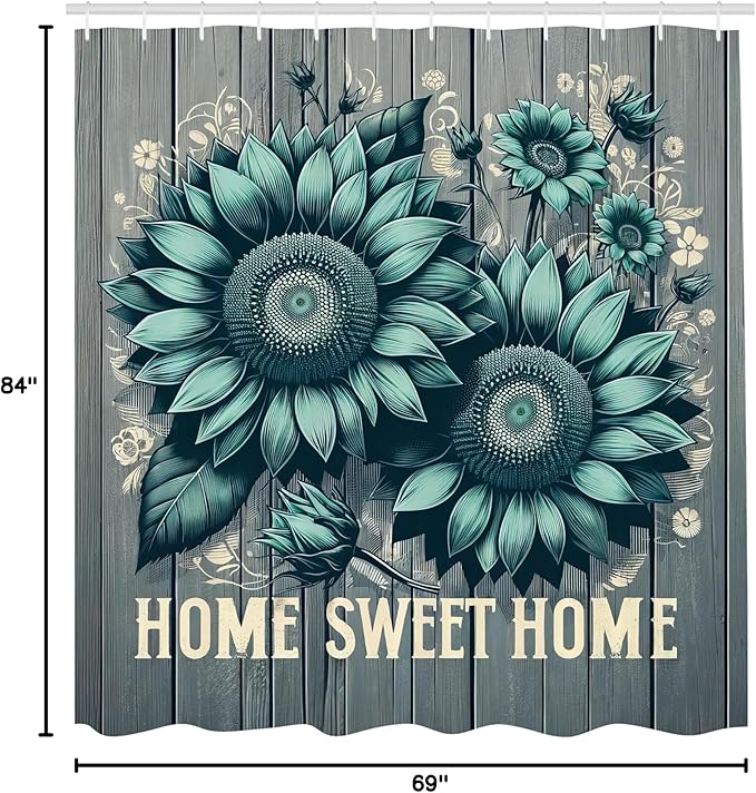 Ambesonne Teal Shower Curtain, Aquamarine Tone Sunflowers and Home Concept Phrase Modern Rustic Farmhouse, Cloth Fabric Bathroom Decor Set with Hooks, 69" W x 84" L, Seafoam Dark Sea Green