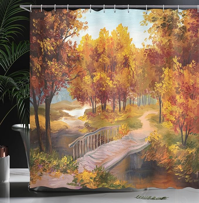 Ambesonne Rustic Shower Curtain, Autumn Forest Leaves in Park Small River Wooden Rustic Bridge Image, Cloth Fabric Bathroom Decor Set with Hooks, 69" W x 70" L, Blue Orange