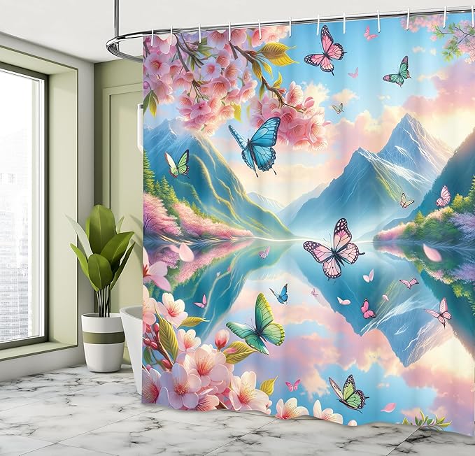 Ambesonne Lake Shower Curtain, Flying Spring Butterflies and Blooming Cherry Blossoms Mountain Reflections, Cloth Fabric Bathroom Decor Set with Hooks, 69" W x 75" L, Pink Sky Blue Green