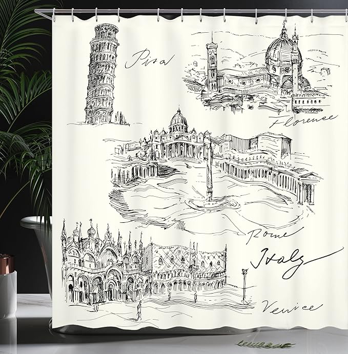 Ambesonne Sketchy Shower Curtain, Travel The World Themed Historical Italian Landmarks Venice Rome Florence Pisa, Cloth Fabric Bathroom Decor Set with Hooks, 69" W x 75" L, White Charcoal Grey