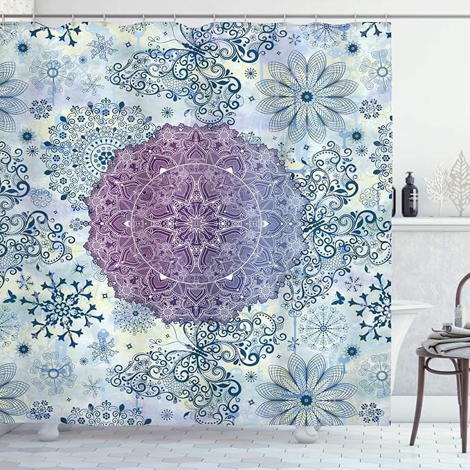 Ambesonne Mandala Shower Curtain, Floral Mandala Oriental Far Eastern Style Layout Print in Ombre Colors, Cloth Fabric Bathroom Decor Set with Hooks, 69" W x 70" L, Purple Blue