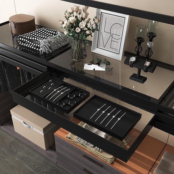 Oirlv Leather Multi-Function Jewelry Tray Black | Versatile Compartments for Rings/Earrings/Bracelets, Stackable Design