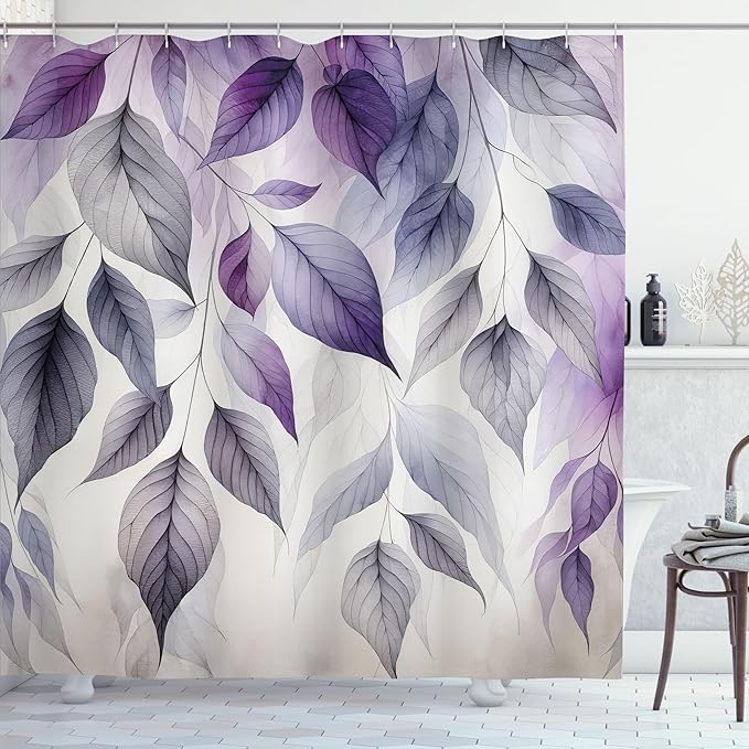Ambesonne Purple Shower Curtain, Cascade of Leaves in a Cold Windy Morning Monochromatic Pastel Tones, Cloth Fabric Bathroom Decor Set with Hooks, 69" W x 84" L, Coconut Quartz and Lilac