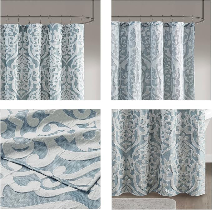 Madison Park Odette Fabric Shower Curtain Luxe Textured Jacquard, Damask Medallion Machine Washable Modern Home Bathroom Decor, Bathtub Privacy Screen, 72" x 72", Aqua/Silver
