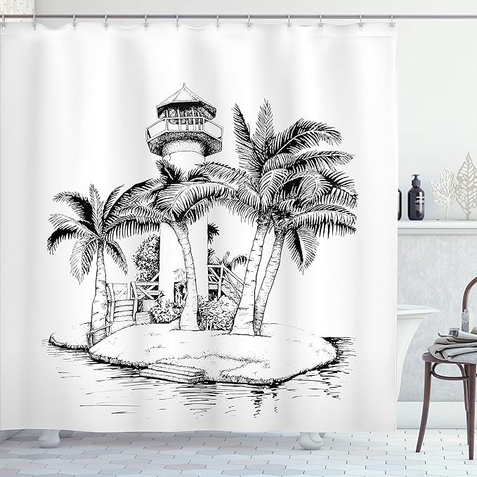 Ambesonne Tropical Shower Curtain, Lighthouse on The Island Surrounded with The Palm Trees an Exotic Landscape Sketchy Artwork, Fabric Bathroom Decor Set with Hooks, 69" W x 75" L, Black and White