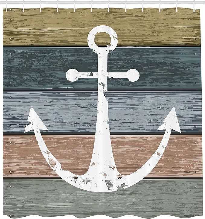 Ambesonne Anchor Shower Curtain, Timeworn Marine Pattern and Grunge Weathered Wooden Planks Rustic Style Nautical, Cloth Fabric Bathroom Decor Set with Hooks, 69" W x 70" L, Khaki Teal