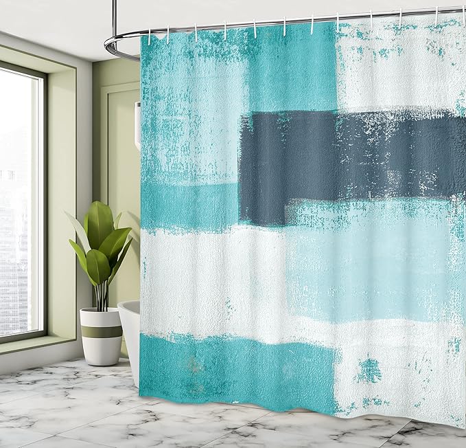 Ambesonne Abstract Shower Curtain Sets with Hooks for Nautical Bathroom Decor Essential Accessories Abstract Grunge Style Brushstrokes Painting Contemporary Illustration 69" W x 70" L, Turquoise Aqua