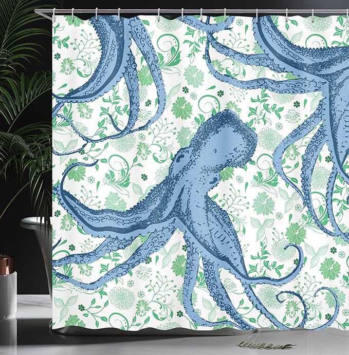 Ambesonne Nautical Shower Curtain, Sealife Sea Monster Octopus Kraken with Tentacles and Colorful Flowers, Cloth Fabric Bathroom Decor Set with Hooks, 69" W x 75" L, Mint Green