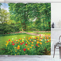 Ambesonne Garden Shower Curtain, Garden in Keukenhof Colorful Tulip Flowers and Trees Foliage Spring Season, Cloth Fabric Bathroom Decor Set with Hooks, 69" W x 75" L, Yellow Green
