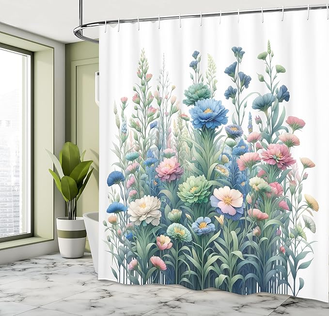 Ambesonne Floral Shower Curtain, Fading Tones of Colorful Wild Flowers in a Spring Morning on Plain Back, Cloth Fabric Bathroom Decor Set with Hooks, 69" W x 84" L, Blue Green and Pink
