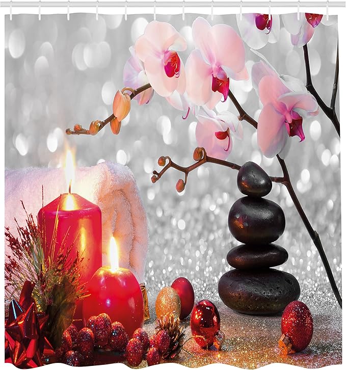 Ambesonne Spa Shower Curtain, Winter Christmas Themed with Pink Orchid Stone and Red Candles Image, Cloth Fabric Bathroom Decor Set with Hooks, 69" W x 84" L, White and Black
