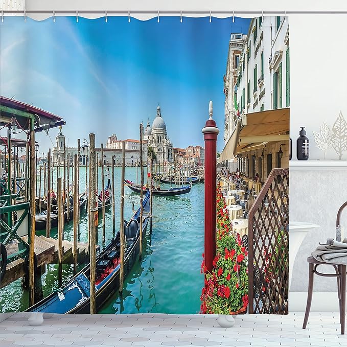 Ambesonne Scenery Shower Curtain, Gondola on Canal Grande Architecture Background Sunny Day Venice Image Print, Cloth Fabric Bathroom Decor Set with Hooks, 69" W x 70" L, Multicolor