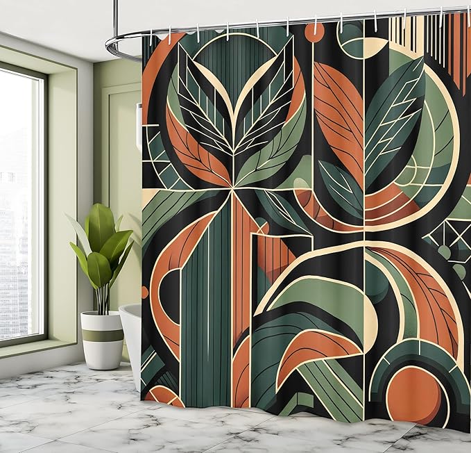 Ambesonne Mid Century Modern Shower Curtain, Abstract Retro Geometric Lines and Shapes with Leaves Art, Cloth Fabric Bathroom Decor Set with Hooks, 69" W x 75" L, Evergreen Cinnamon Beige