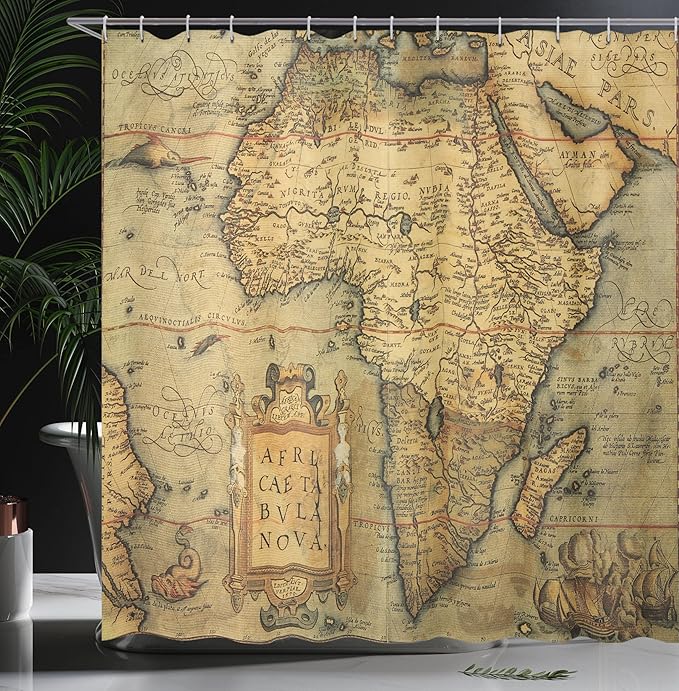 Ambesonne Map Print Shower Curtain, 16th Century Map of Africa Engraved by Cartographer Abraham Ortelius, Cloth Fabric Bathroom Decor Set with Hooks, 69" W x 70" L, Army Green Pale Brown