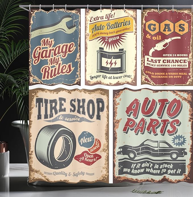 Ambesonne 1950s Shower Curtain, Vintage Car Signs Automobile Advertising Repair Vehicle Garage Classics Servicing, Cloth Fabric Bathroom Decor Set with Hooks, 69" W x 75" L, Burgundy