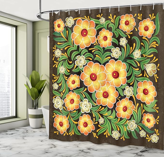 Ambesonne Antique Shower Curtain, Spring Flowers Blooms Leaves Pattern Floral Antique Nature Theme Art Print, Cloth Fabric Bathroom Decor Set with Hooks, 69" W x 70" L, Brown Yellow Green