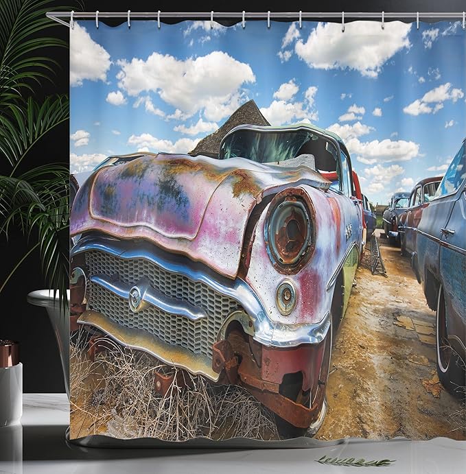 Ambesonne Vintage Shower Curtain, Abandoned Vintage Cars Rusting in a Ghost Town Cloudy Sky Digital Image, Cloth Fabric Bathroom Decor Set with Hooks, 69" W x 70" L, Pale Coffee and Blue