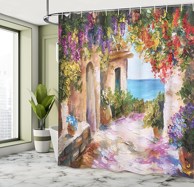 Ambesonne Landscape Shower Curtain, Old Village with Colorful Plants and Flower Gate Greek Houses Artwork, Cloth Fabric Bathroom Decor Set with Hooks,69" W x 84" L, Purple Beige
