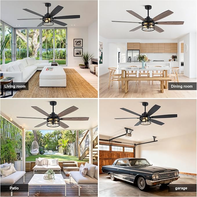 60" Farmhouse Ceiling Fan with Lights Remote, Rustic Ceiling Fan | Industrial Caged Fandelier Black Metal Chandelier Light, Reversible Quiet DC Motor 6 Speeds for Living Room Bedroom Indoor
