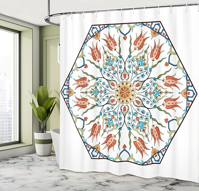 Ambesonne Antique Shower Curtain, Ottoman Turkish Floral Pattern Tulips Medieval Baroque Effect on Dated Art, Cloth Fabric Bathroom Decor Set with Hooks, 69" W x 84" L, Soft Blue