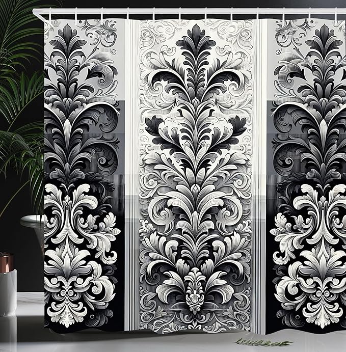 Ambesonne Damask Shower Curtain, Tranquil Florid Pattern Monochrome Arcane Leafy Swirls Palatial Design Print, Cloth Fabric Bathroom Decor Set with Hooks, 69" W x 75" L, Charcoal Grey