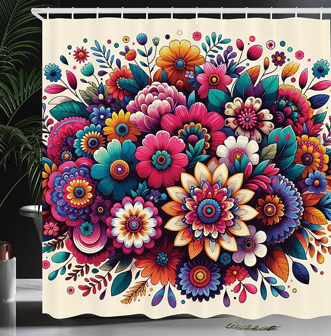 Ambesonne Boho Floral Shower Curtain, Abstract Whimsical Trippy Colorful Flowers Arrange on Beige Back, Cloth Fabric Bathroom Decor Set with Hooks, 69" W x 84" L, Hot Pink Teal Multicolor